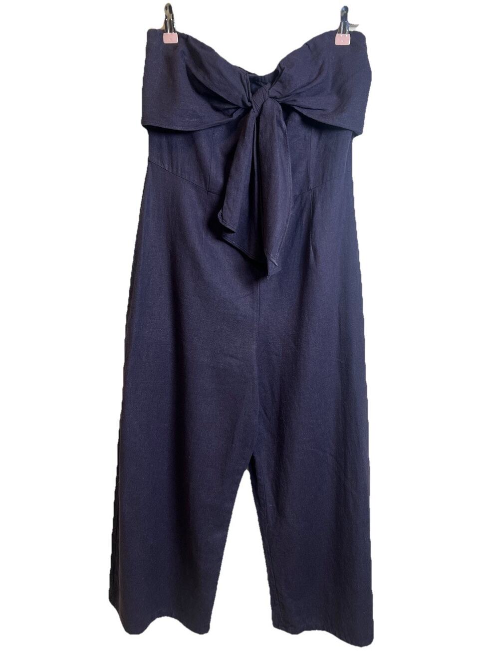 Gypsies & Moondust Linen Blend Strapless Jumpsuit Wide Leg Navy Size 9 Zip Back